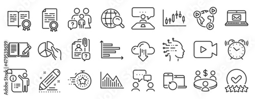 Set of Education icons, such as Interview job, Feedback, Horizontal chart icons. Manual doc, Alarm clock, Brand contract signs. Meeting, Certificate, Video conference. Candlestick graph. Vector