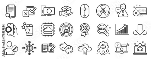 Set of Technology icons, such as Cloud computing, Graph chart, Download icons. Hold box, Scroll down, Covid app signs. 5g technology, Best app, Warning. Chemical hazard, Logistics network. Vector