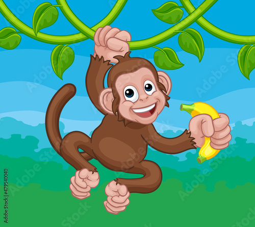 Monkey Singing On Jungle Vines With Banana Cartoon