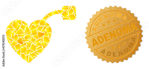 Golden combination of yellow items for pacemaker icon, and gold metallic Adenoma stamp. Pacemaker icon collage is formed from random golden items.