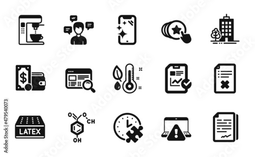 Vector set of Chemical formula, Reject file and Latex mattress icons simple set. Wallet money, Report checklist and Smartphone clean icons. Chemical formula simple web symbol. Vector