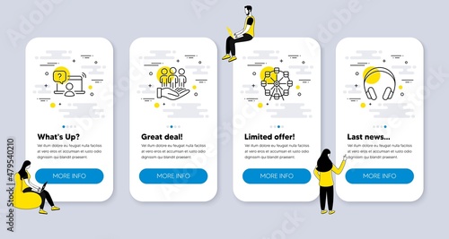 Vector Set of Business icons related to Online question, Best buyers and Ferris wheel icons. UI phone app screens with people. Headphones line symbols. Vector