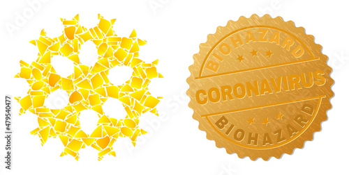 Golden composition of yellow parts for virus cell icon, and gold metallic Biohazard Coronavirus seal. Virus cell icon mosaic is designed of random gold. photo