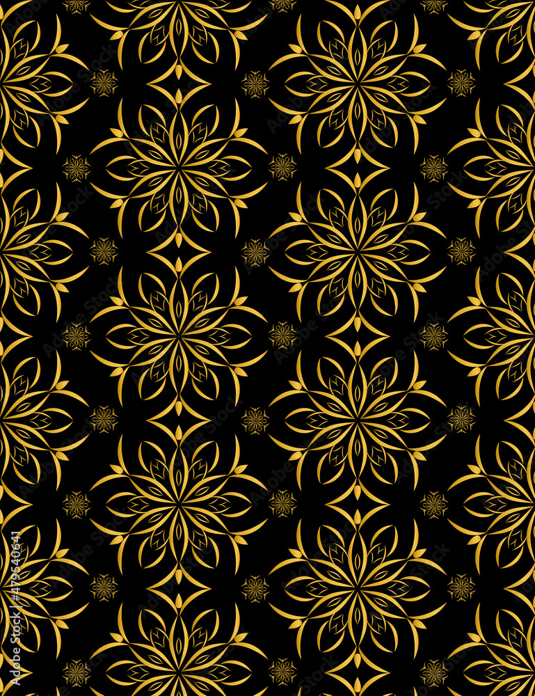 Pattern of Golden decorative flowers design vector on solid black color Pattern of Golden decorative flowers design vector on solid black color