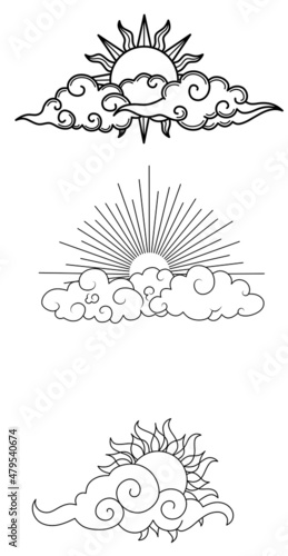 Set of cloud illustrations. Clouds and sun. Linear art clouds. Silhouette of a cloud.