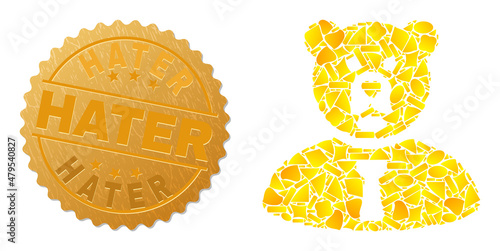 Golden mosaic of yellow parts for bear manager icon, and golden metallic Hater stamp seal. Bear manager icon collage is formed of scattered golden parts.
