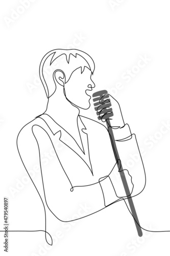 man in suit stands and sings into vintage microphone - one line drawing vector. logo, poster for karaoke bar, live music concert, music festival, song vocal competition