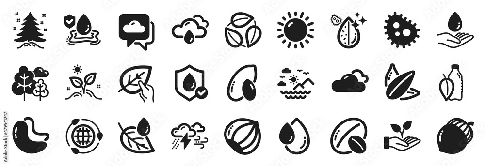 Set of Nature icons, such as Weather forecast, Water bottle, Leaves icons. Bad weather, Water care, Flood insurance signs. Organic tested, Tree, Peanut. Soy nut, Grow plant, Cashew nut. Vector Set of Nature icons, such as Weather forecast, Water bottle, Leaves icons. Bad weather, Water care, Flood insurance signs. Organic tested, Tree, Peanut. Soy nut, Grow plant, Cashew nut. Vector