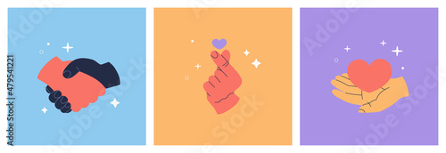 Set of different hands with hearts icon and handshake. Vector illustration isolated on colorful background with cute stars shapes. Hand drawn in trendy modern flat cartoon style.