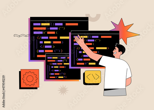 Software developer writes codes on special language on computer. Concept of script coding and web engineering. Hand drawn vector illustration isolated on light background. Modern flat cartoon style.