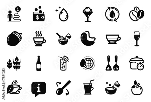 Vector Set of Food and drink icons related to Cooking cutlery, Cashew nut and Gluten free icons. Doppio, Coffee cup and Boiling pan signs. Cooking spoon, Refill water and Ice cream. Beer. Vector