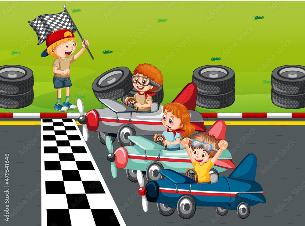 Soapbox derby scene with children racing car Soapbox derby scene with children racing car