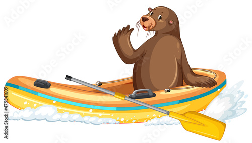 Sea lion on inflatable boat in cartoon style