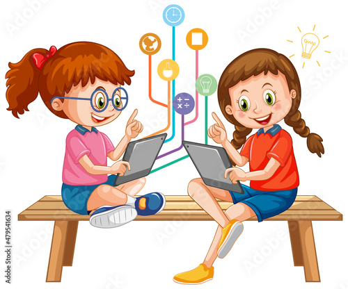 Two girls using tablet with education objects