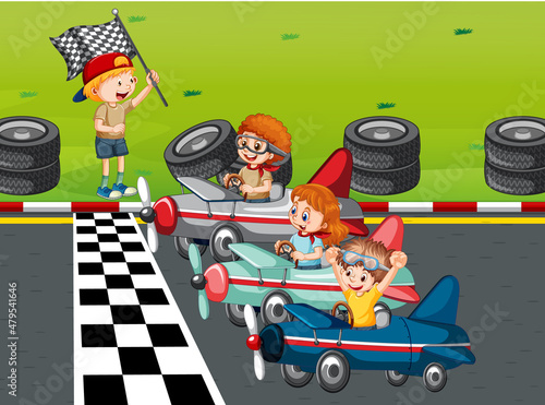 Soapbox derby scene with children racing car