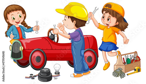 Children repairing a car together