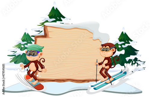 Monkey skiing with blank board on white background