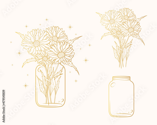 Celestial mystical jars with golden bouquet of daisies and stars. Esoteric  design elements  isolated on white. Hand drawn floral vector illustration in boho style.