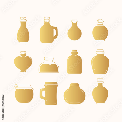 Golden flasks vials and jars icon isolated set. Spiritual design elements. Vector illustration in boho style.