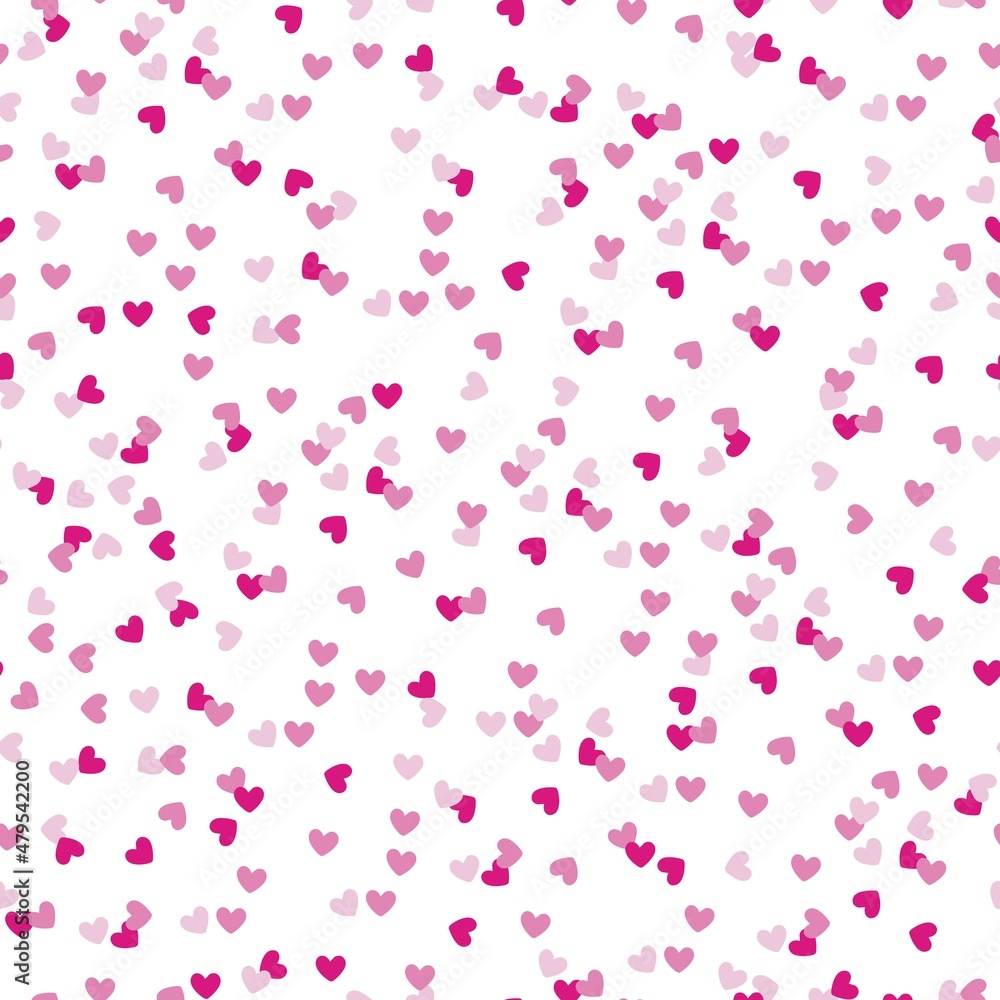 simple pink confetti hearts pattern . white background.Print for a Valentine's day card. Vector texture.