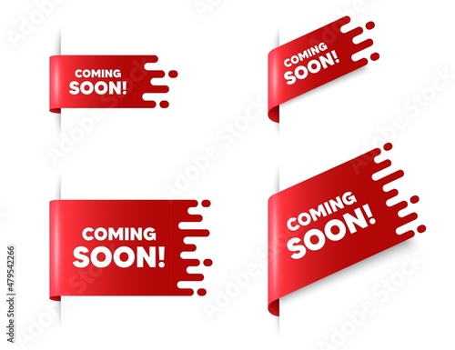 Coming soon text. Red ribbon tag banners set. Promotion banner sign. New product release symbol. Coming soon sticker ribbon badge banner. Red sale label. Vector