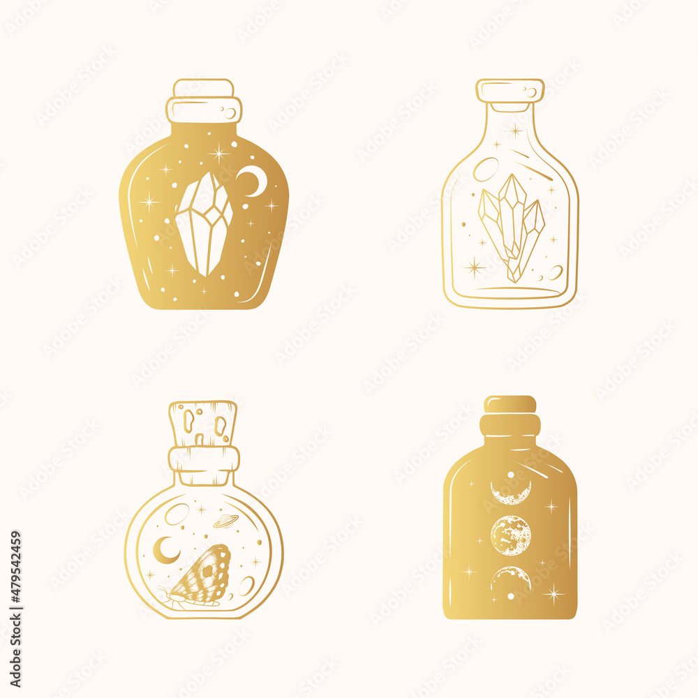 Celestial magic jars with crystal, stars, sun, moon, planets and butterfly. Four golden esoteric design elements set. Hand drawn vector illustration for witchcraft. Celestial magic jars with crystal, stars, sun, moon, planets and butterfly. Four golden esoteric design elements set. Hand drawn vector illustration for witchcraft.