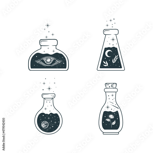 Celestial  jars with stars, planets, moon, twigs, rose and mystical eye. Four esoteric elements set. Hand drawn vector illustration in boho style.