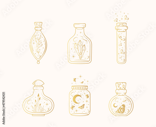 Celestial golden jars and flacons set. Hand drawn  bottles of magic potion isolated on white. Vector illustration for witchcraft.