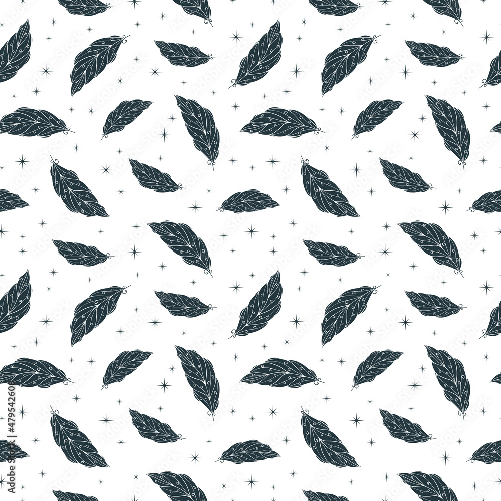 Seamless pattern with celestial boho feathers and leaves. Vector flourish background for wrapping paper or textile. Seamless pattern with celestial boho feathers and leaves. Vector flourish background for wrapping paper or textile.