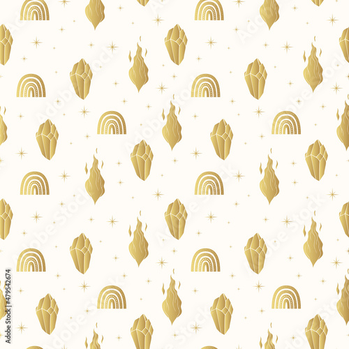 Fire, stars, rainbow  and crystal seamless pattern in golden color. Hand drawn esoteric background, for wrapping paper or textile. 