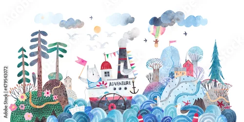 Obraz Cute landscape. Watercolor illustration. Children's poster. Adventure of a brave wolf. A cute steamer floats along the waves to the snowy hills.