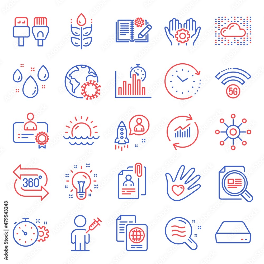 Science icons set. Included icon as Report timer, Employee hand, Computer cables signs. Engineering documentation, People vaccination, Coronavirus symbols. Certificate, Mini pc, Idea. Vector Science icons set. Included icon as Report timer, Employee hand, Computer cables signs. Engineering documentation, People vaccination, Coronavirus symbols. Certificate, Mini pc, Idea. Vector