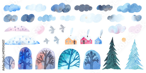 Cute watercolor set of decorative clouds, trees, houses and birds. Childrens illustration in watercolor. Winter nature. Hand drawn cute set for winter holiday decor or celebration card.