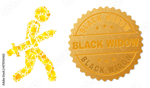 Golden collage of yellow elements for sword gunman icon, and gold metallic Black Widow seal. Sword gunman icon collage is organized of random golden elements.