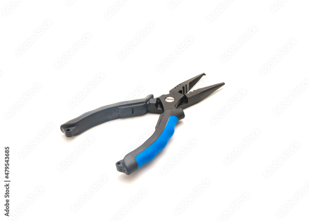 Close-up one fishing pliers with jaw and split ring nose isolate on white background Close-up one fishing pliers with jaw and split ring nose isolate on white background