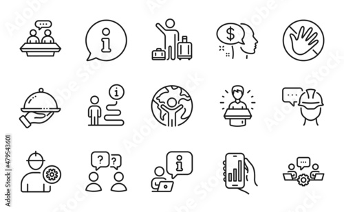 People icons set. Included icon as Employees talk, Airport transfer, Pay signs. Restaurant food, Analysis app, Foreman symbols. Teamwork questions, Brand ambassador, Do not touch. Teamwork. Vector