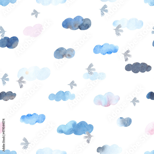 Watercolor seamless pattern. Design decor printing on textiles, wallpaper, decoration cards, posters, covers. Baby nursery. Babies shower. Isolated cloud on white background.