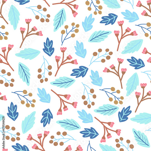 Winter leaves berries seamless floral vector pattern. Repeating botanical background blue leaf pink berry nature cute shapes on white. For cards  wrapping paper  gift bags  wallpaper  fabric  textile.
