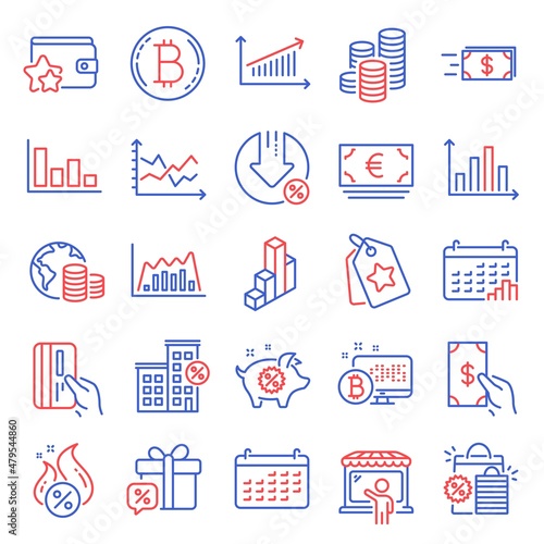 Finance icons set. Included icon as Coins, Bitcoin, Hot loan signs. Loyalty tags, Loan percent, Infographic graph symbols. Piggy sale, Calendar, Shopping bags. Histogram, Diagram graph. Vector