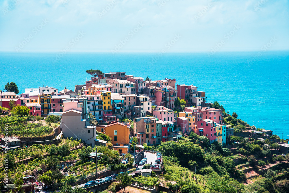 Fascinating view with ancient colored houses in Corniglia, Cinque Terre.