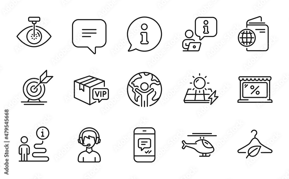 Business icons set. Included icon as Target goal, Solar panels, Travel passport signs. Eye laser, Market, Slow fashion symbols. Consultant, Helicopter, Message. Vip parcel, Global business. Vector Business icons set. Included icon as Target goal, Solar panels, Travel passport signs. Eye laser, Market, Slow fashion symbols. Consultant, Helicopter, Message. Vip parcel, Global business. Vector