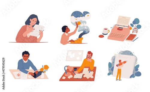 Set of professional writer with laptop, typewriter and pencil. Concept of computer work, writing, text typing. Cartoon flat vector illustration on white background.