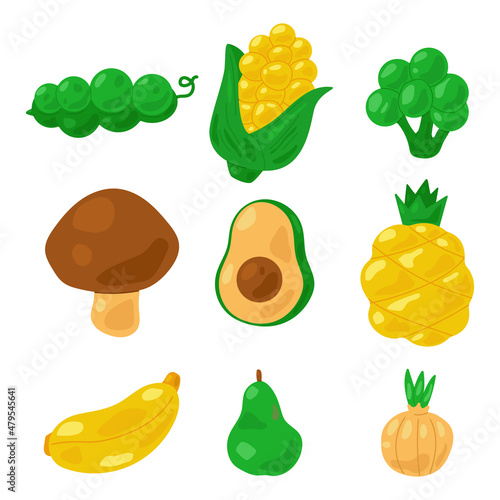 Vegetables and fruits vector cartoon set isolated on a white background.