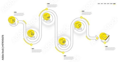 Business Infographic timeline with 5 steps. Journey path workflow infographics. Workflow process diagram with Research, Data Analysis, Money earn and Winner cup line icons. Vector