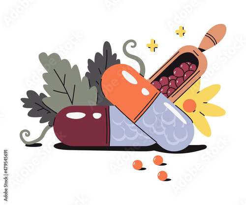 Alternative homeopathic pills vector cartoon concept illustration isolated on a white background.