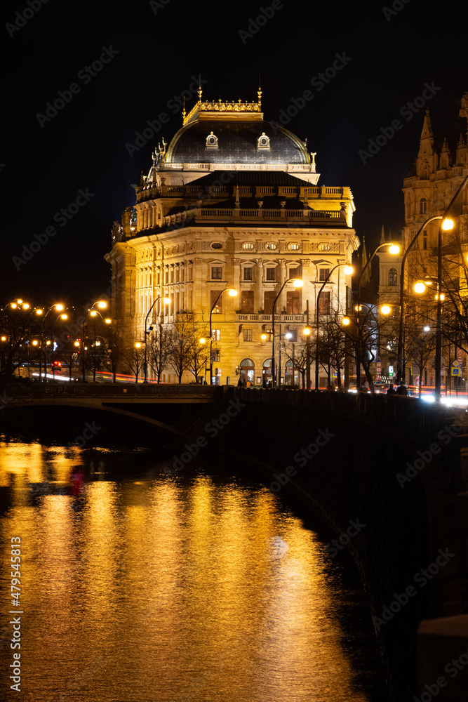 Prague at night, National Theater, reflection of lights in the river