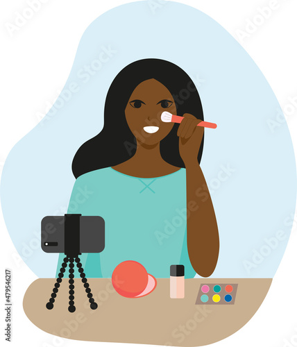 black girl doing make up and recording a video in flat style