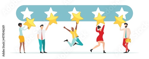 Customer feedback  testimonial  online survey concept. Group of people rating customer experience  writing review  leaving feedback. Client  user satisfaction. Isolated flat vector illustration