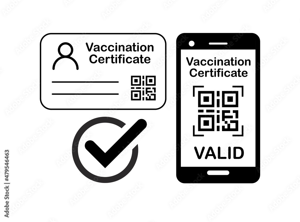 Covid-19 Vaccination Certificate Icon Illustration. Card and smartphone screen as proof that you have been vaccinated against the corona virus. Vector on transparent background Covid-19 Vaccination Certificate Icon Illustration. Card and smartphone screen as proof that you have been vaccinated against the corona virus. Vector on transparent background