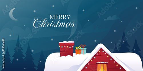 Christmas gifts on the roof. Christmas night. Vector illustration.